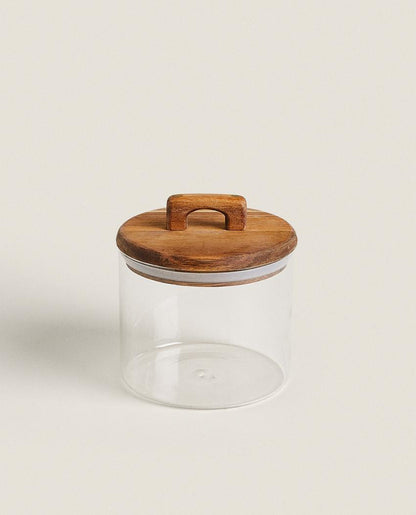 BOROSILICATE GLASS AND WOOD STORAGE JAR