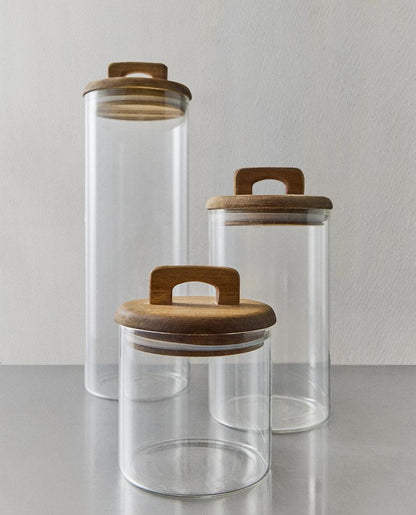 BOROSILICATE GLASS AND WOOD STORAGE JAR